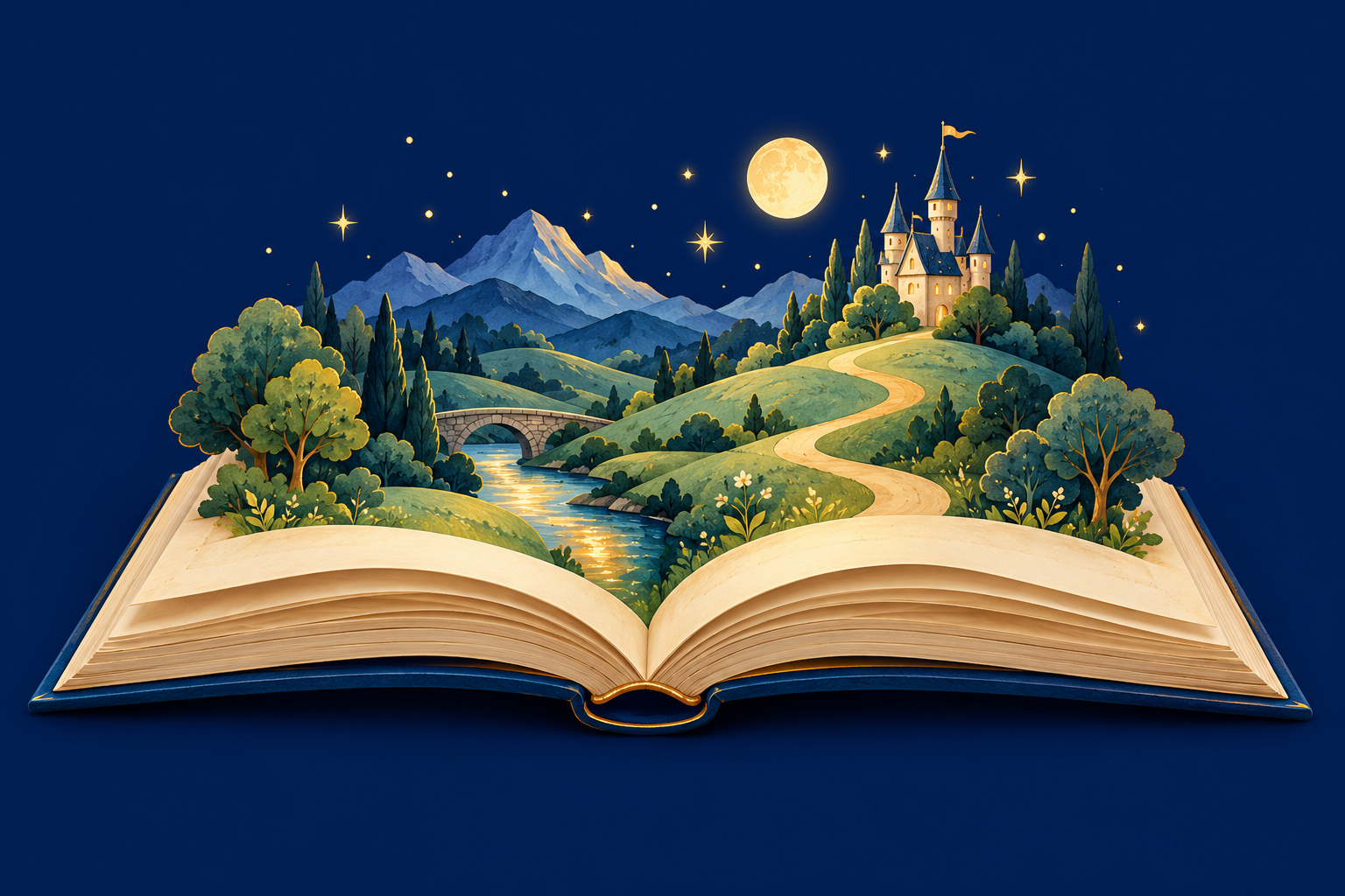 Открытая книга, из страниц которой вырастает сказочный пейзаж